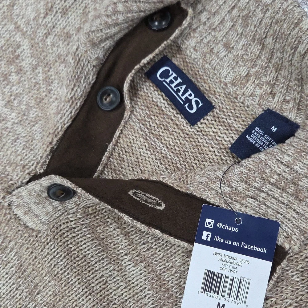 Chaps Beige Quarter Button-Up Sweater with Brown Elbow Patches NWT